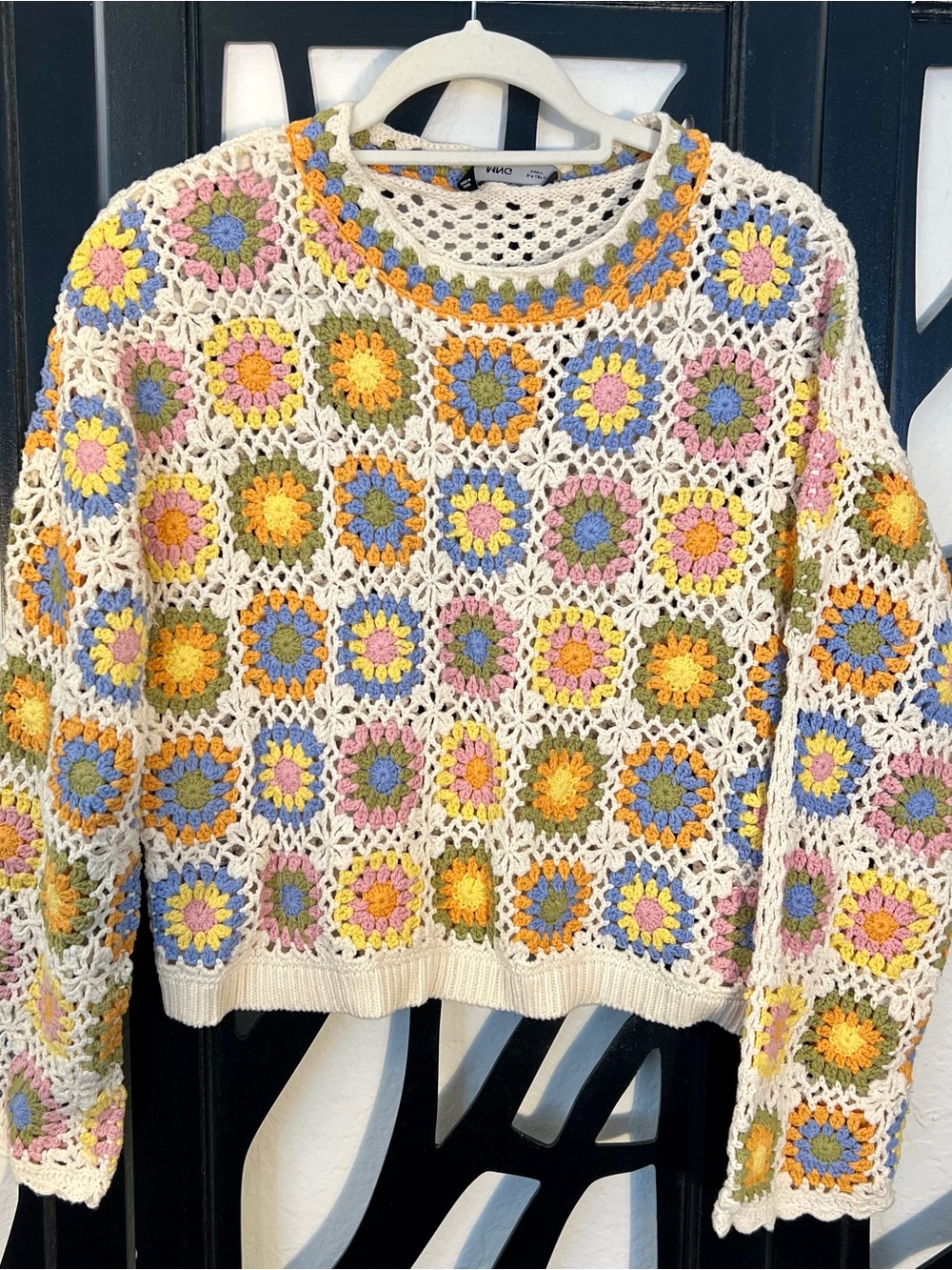 Mango MNG Women's Crochet Knitted Floral Multicolor Unique Sweater Medium Boho